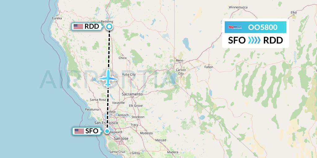 OO5800 SkyWest Airlines Flight Map: San Francisco to Redding