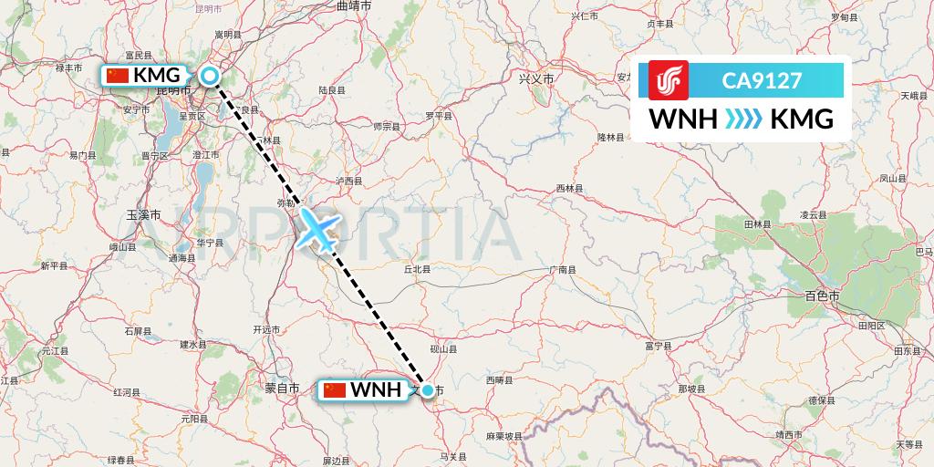 CA9127 Air China Flight Map: Wenshan to Kunming