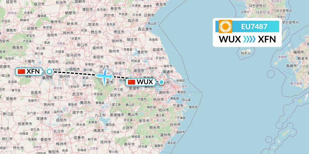 EU7487 Chengdu Airlines Flight Map: Wuxi to Xiangyang