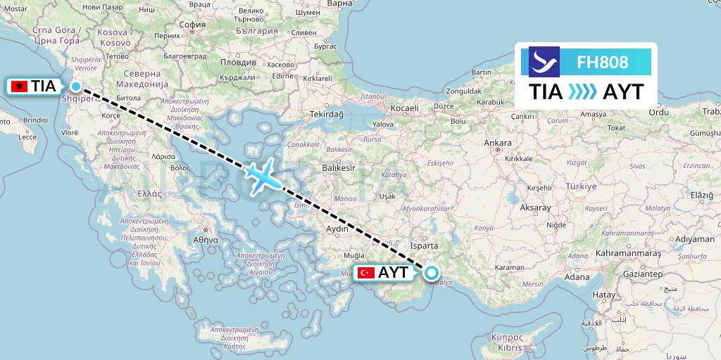 FH808 Freebird Airlines Flight Map: Tirana to Antalya