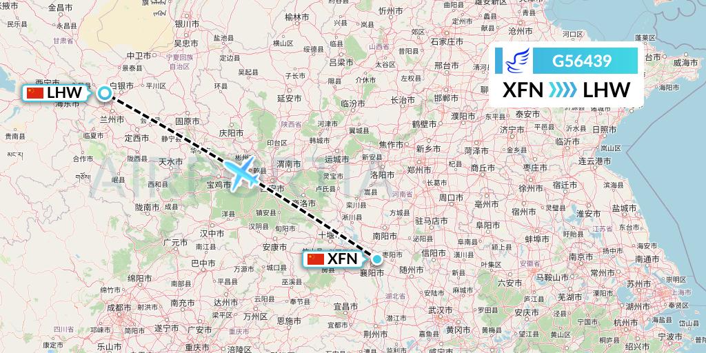 G56439 China Express Airlines Flight Map: Xiangyang to Lanzhou