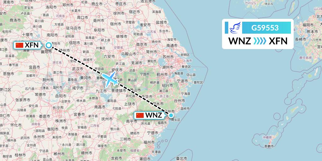 G59553 China Express Airlines Flight Map: Wenzhou to Xiangyang
