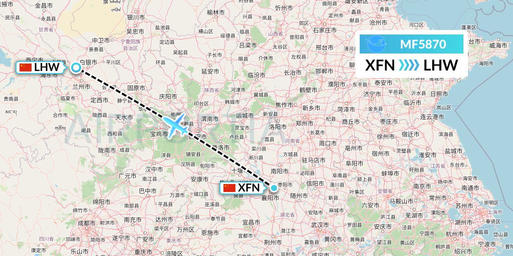 MF5870 Xiamen Airlines Flight Map: Xiangyang to Lanzhou