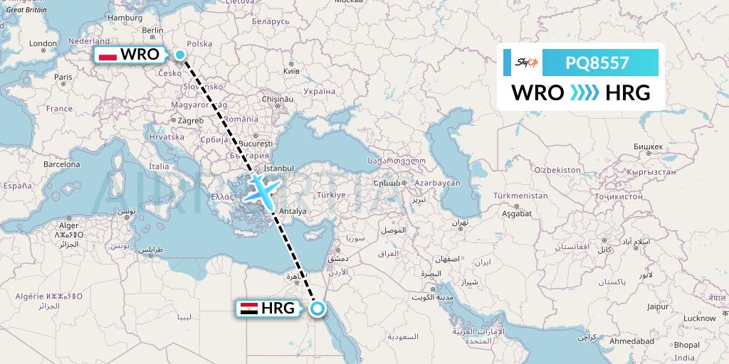 PQ8557 SkyUp Airlines Flight Map: Wroclaw to Hurghada