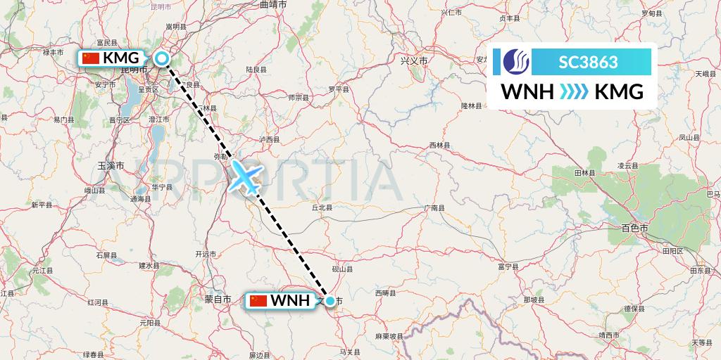 SC3863 Shandong Airlines Flight Map: Wenshan to Kunming