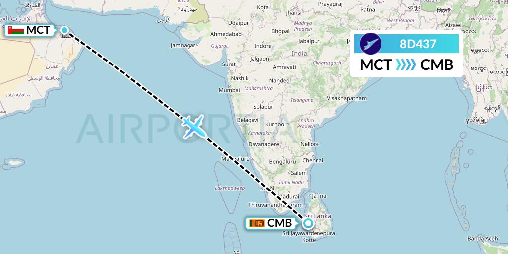 8D437 FitsAir Flight Map: Muscat to Colombo