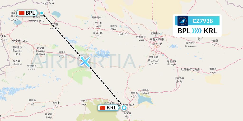 CZ7938 China Southern Airlines Flight Map: Bole to Korla