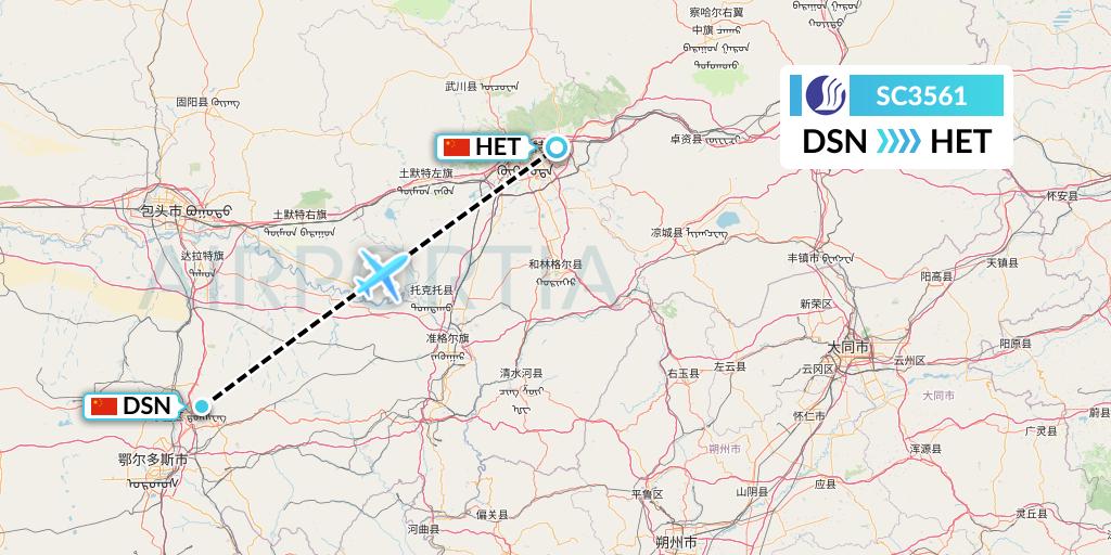 SC3561 Shandong Airlines Flight Map: Dongsheng to Hohhot