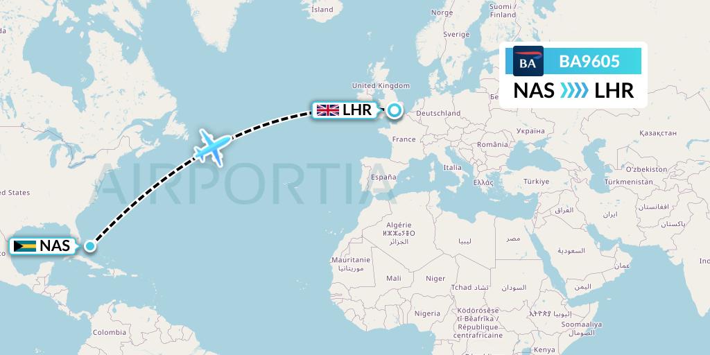BA9605 British Airways Flight Map: Nassau to London