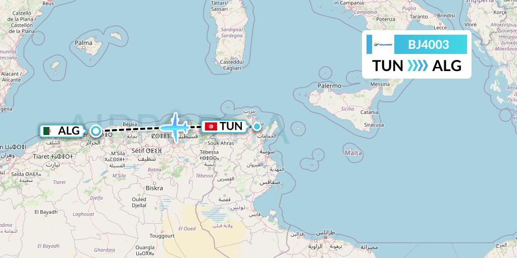 BJ4003 Nouvelair Tunisie Flight Map: Tunis to Algiers