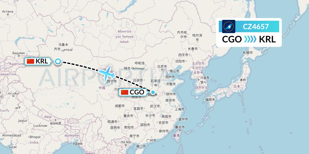 CZ4657 China Southern Airlines Flight Map: Zhengzhou to Korla