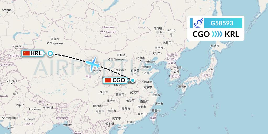 G58593 China Express Airlines Flight Map: Zhengzhou to Korla