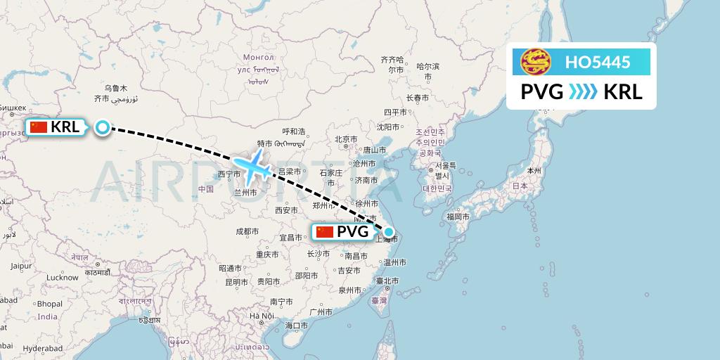HO5445 Juneyao Airlines Flight Map: Shanghai to Korla