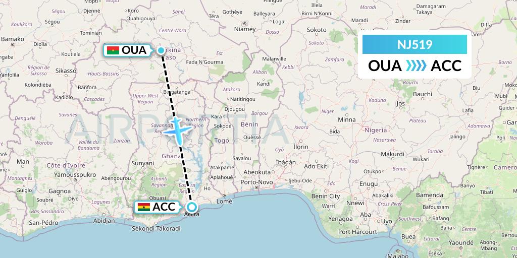 NJ519 Ghadames Air Transport Flight Map: Ouagadougou to Accra