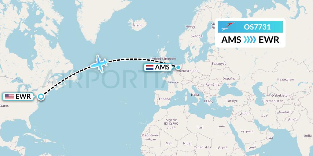 OS7731 Austrian Airlines Flight Map: Amsterdam to New York