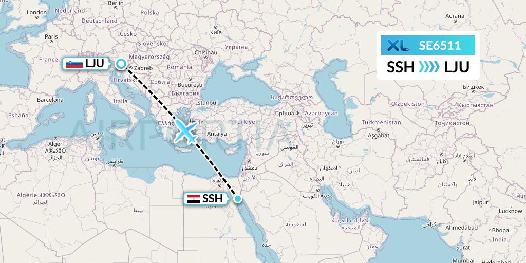 SE6511 XL Airways France Flight Map: Sharm el-Sheikh to Ljubljana