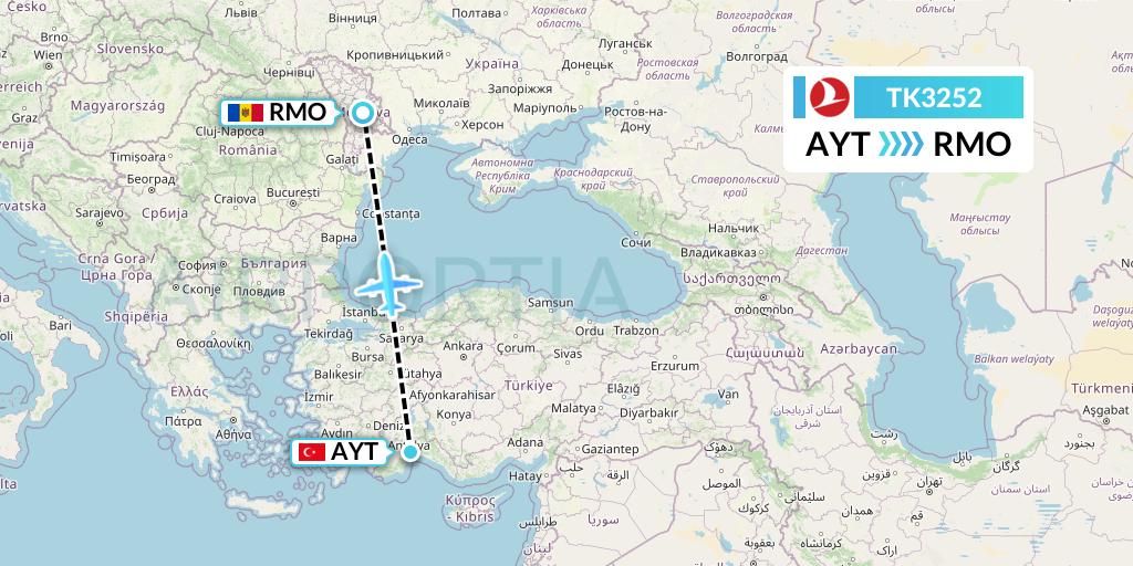 TK3252 Turkish Airlines Flight Map: Antalya to Chisinau