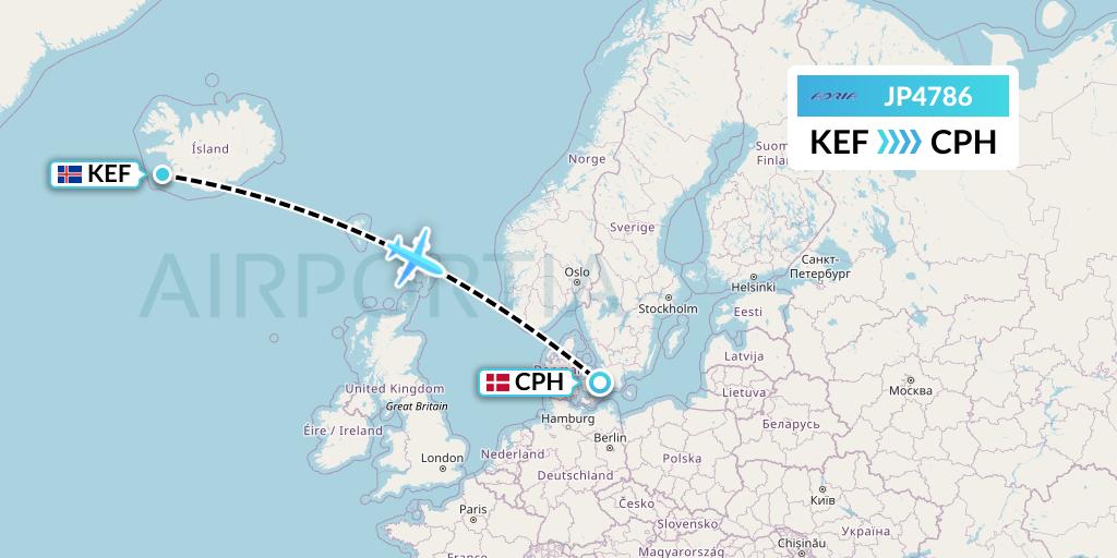 JP4786 Adria Airways Flight Map: Reykjavik to Copenhagen