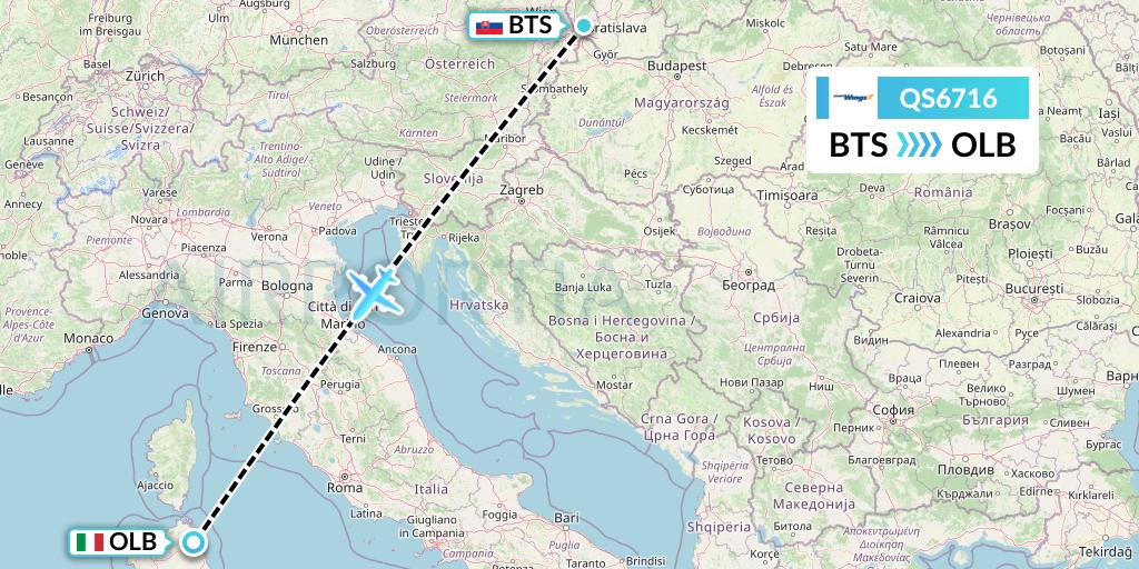 QS6716 Smartwings Flight Map: Bratislava to Olbia
