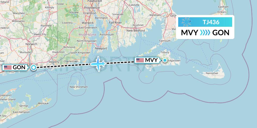 TJ436 Tradewind Aviation Flight Map: Martha's Vineyard to New London