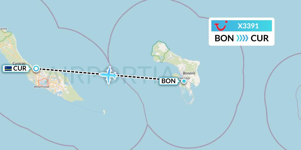 X3391 TUI fly Germany Flight Map: Bonaire to Willemstad