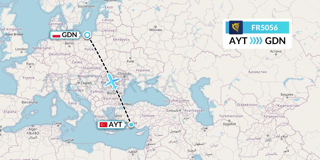 FR5056 Ryanair Flight Map: Antalya to Gdansk
