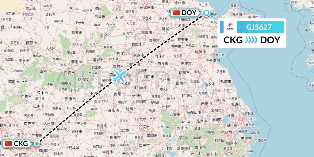 GJ5627 Loong Airlines Flight Map: Chongqing to Dongying