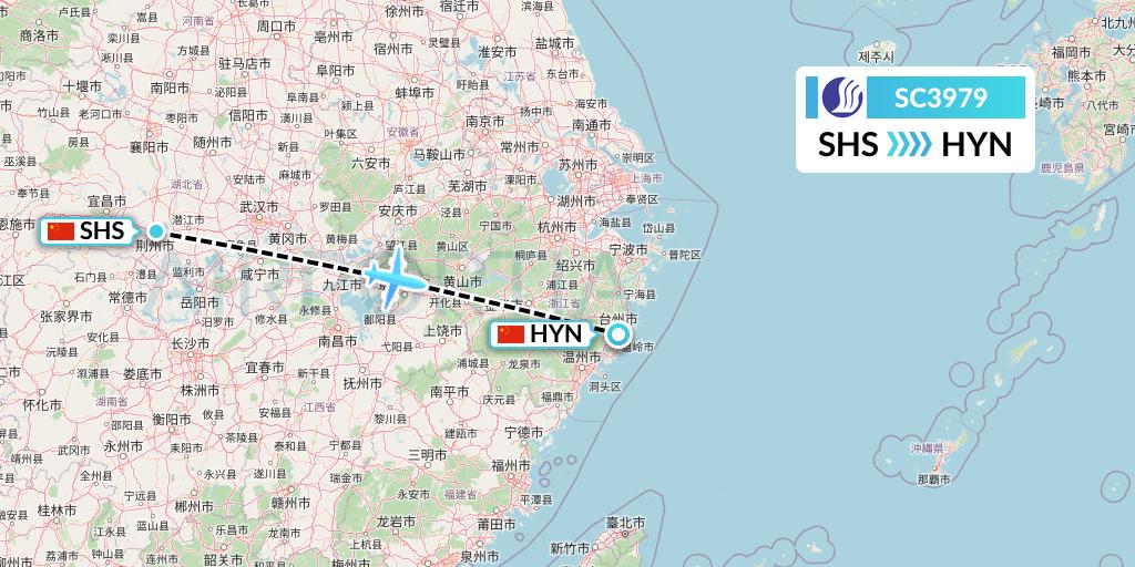 SC3979 Shandong Airlines Flight Map: Shashi to Huangyan