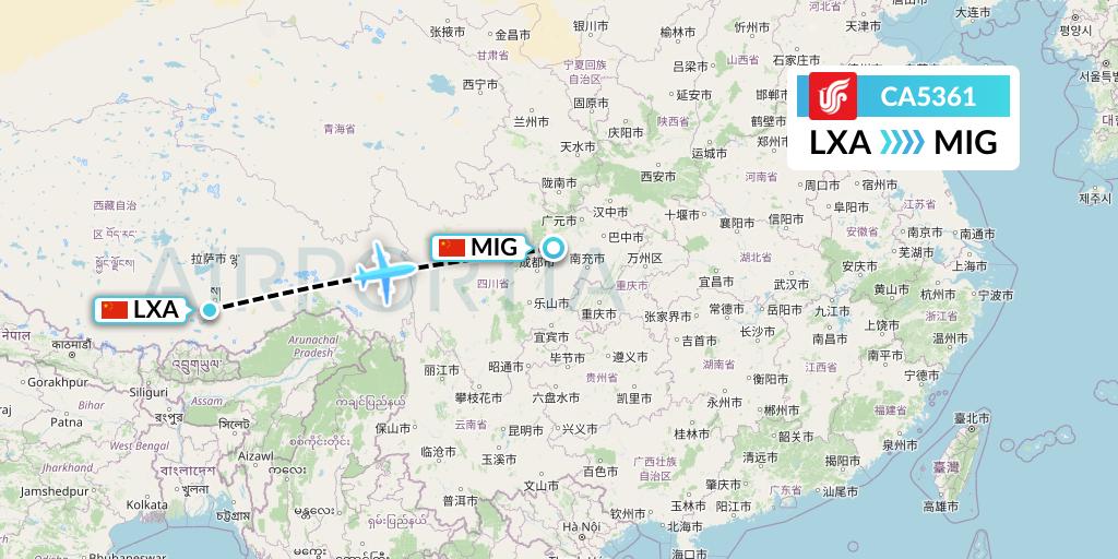 CA5361 Air China Flight Map: Lhasa to Mianyang