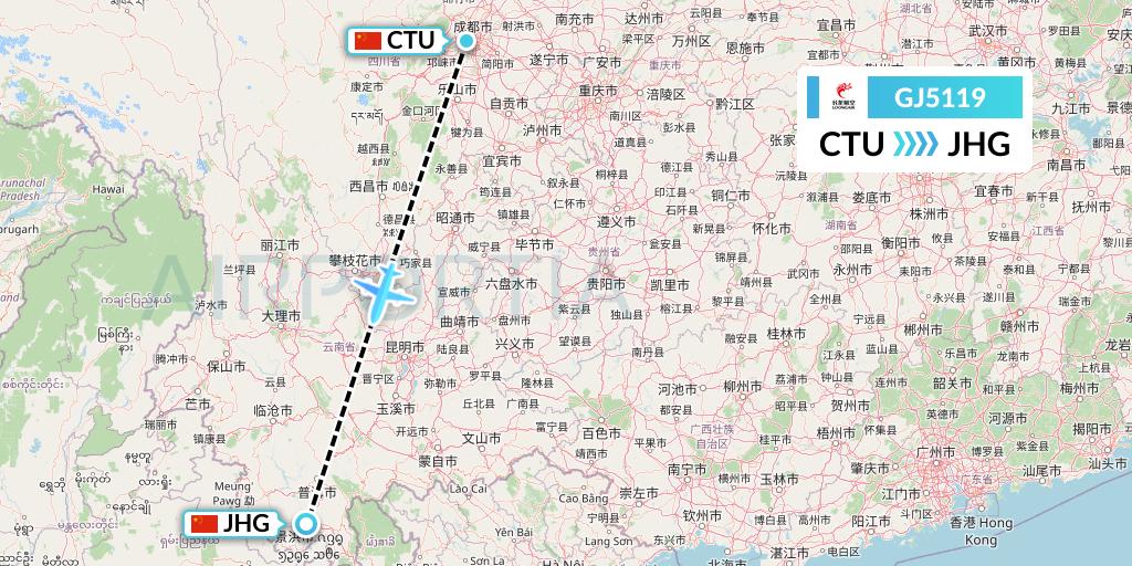 GJ5119 Loong Airlines Flight Map: Chengdu to Jinghong