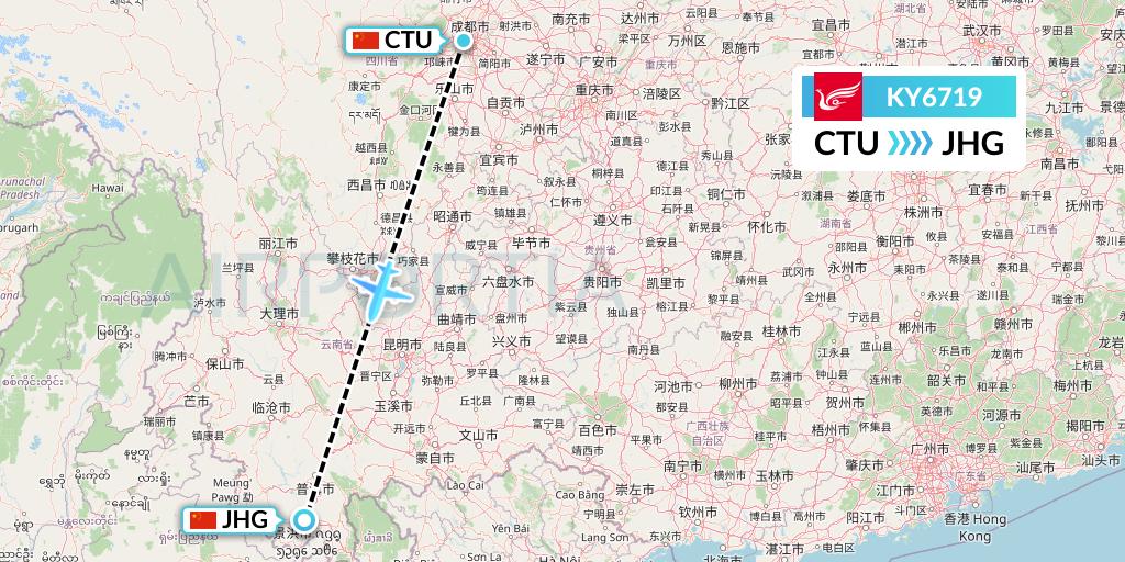 KY6719 Kunming Airlines Flight Map: Chengdu to Jinghong