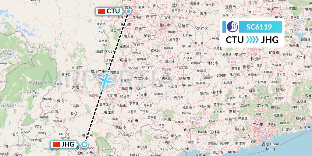 SC6119 Shandong Airlines Flight Map: Chengdu to Jinghong