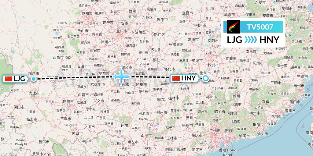 TV5007 Tibet Airlines Flight Map: Lijiang to Hengyang