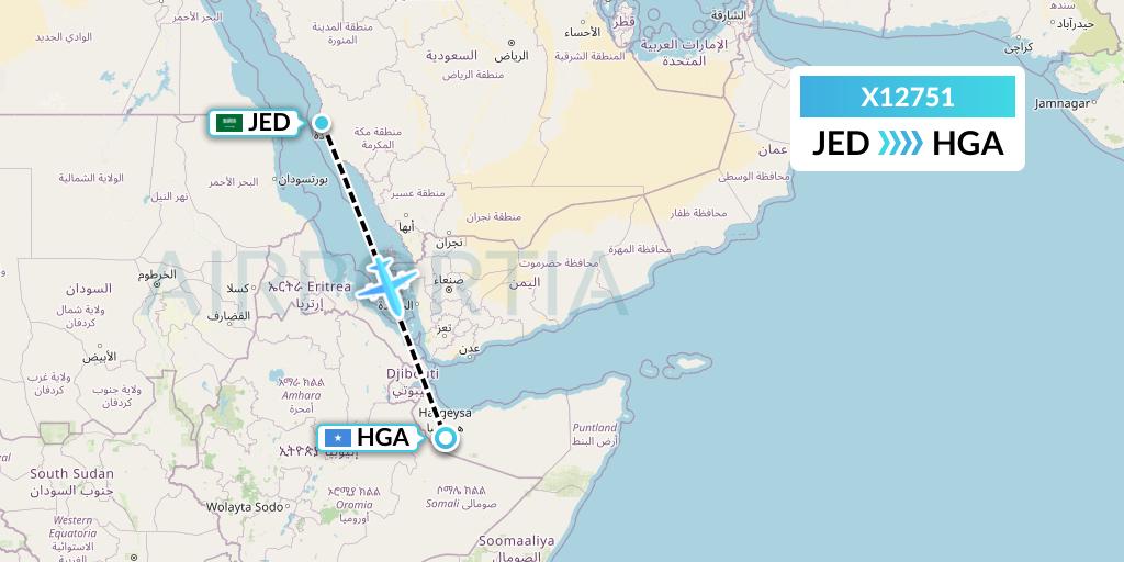 X12751 Nik Airways Flight Map: Jeddah to Hargeisa