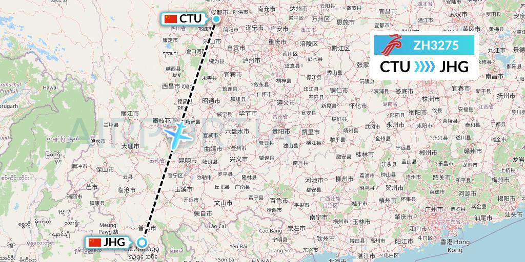 ZH3275 Shenzhen Airlines Flight Map: Chengdu to Jinghong