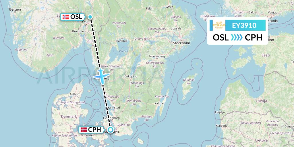 EY3910 Etihad Airways Flight Map: Oslo to Copenhagen