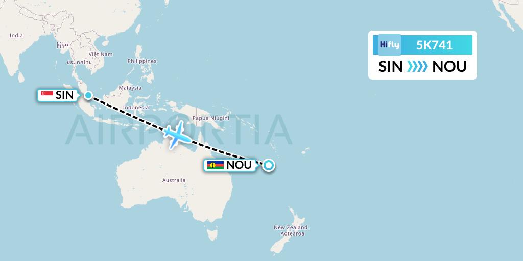 5K741 Hi Fly Flight Map: Singapore to Noumea