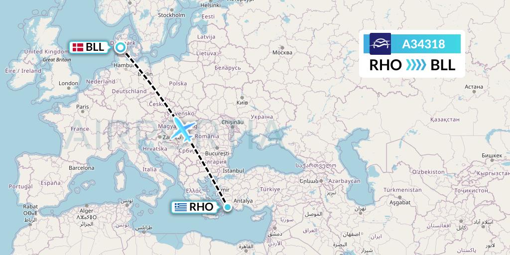 A34318 Aegean Airlines Flight Map: Rhodes to Billund