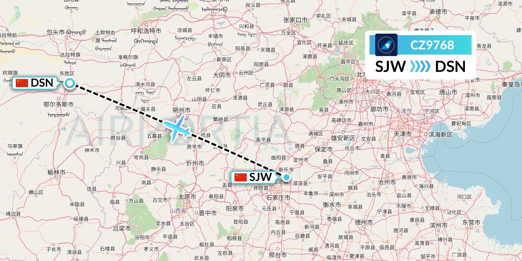 CZ9768 China Southern Airlines Flight Map: Shijiazhuang to Dongsheng