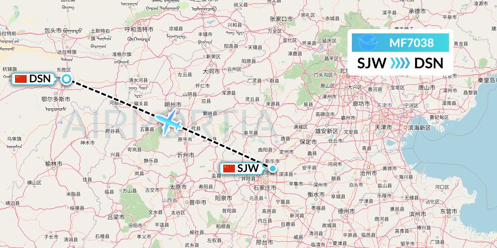 MF7038 Xiamen Airlines Flight Map: Shijiazhuang to Dongsheng