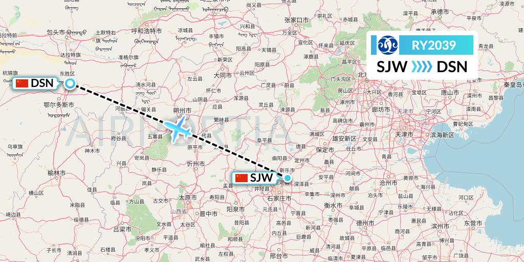 RY2039 Jiangxi Air Flight Map: Shijiazhuang to Dongsheng