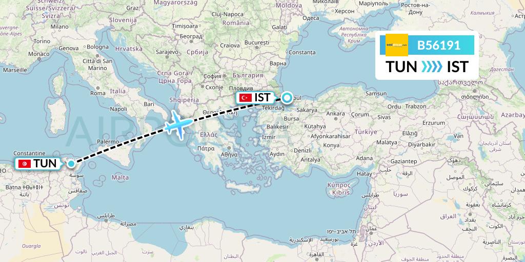 B56191 Fly SAX Flight Map: Tunis to Istanbul