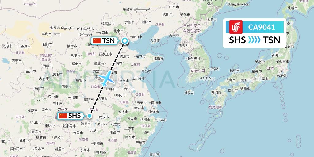 CA9041 Air China Flight Map: Shashi to Tianjin