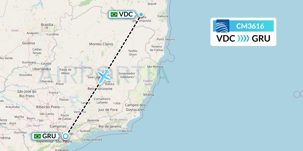 CM3616 Copa Airlines Flight Map: Vitoria Da Conquista to Sao Paulo