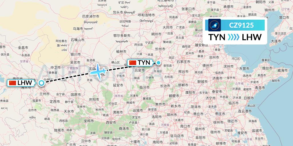 CZ9125 China Southern Airlines Flight Map: Taiyuan to Lanzhou