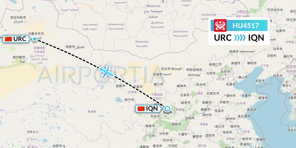 HU4517 Hainan Airlines Flight Map: Urumqi to Qingyang