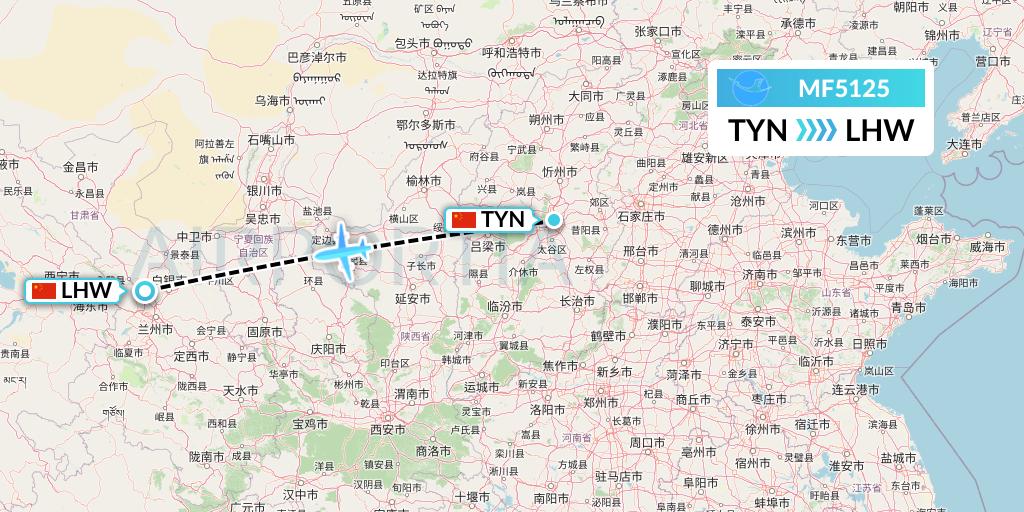 MF5125 Xiamen Airlines Flight Map: Taiyuan to Lanzhou