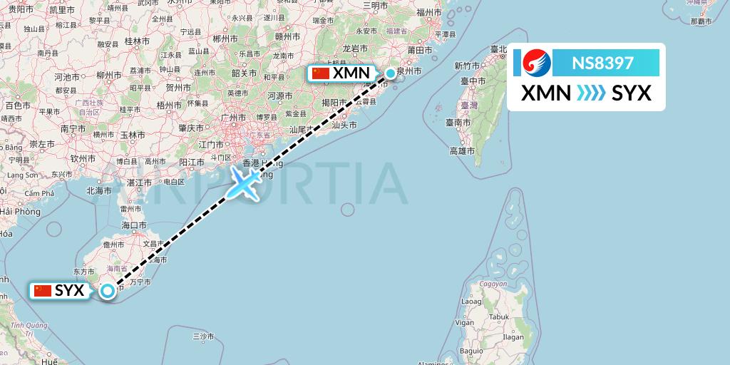 NS8397 Hebei Airlines Flight Map: Xiamen to Sanya
