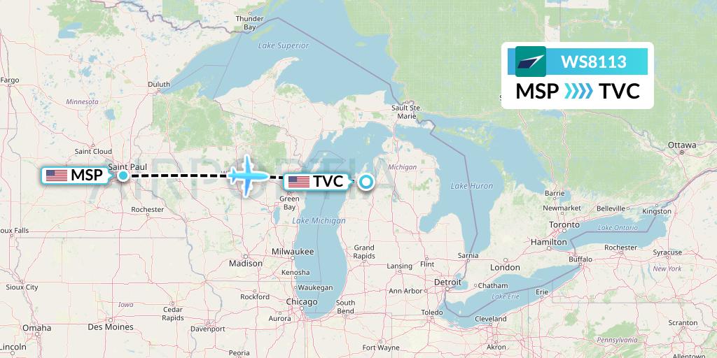 WS8113 WestJet Flight Map: Minneapolis to Traverse City