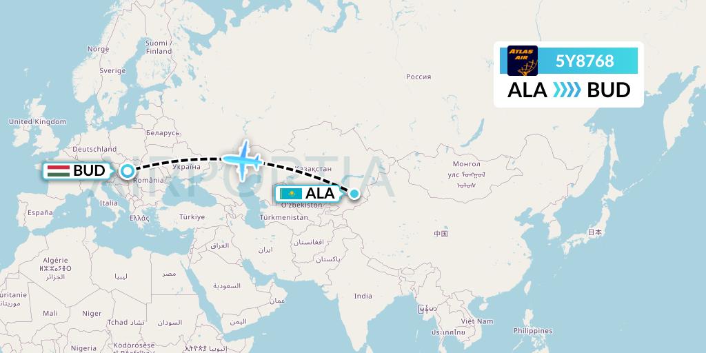 5Y8768 Atlas Air Flight Map: Almaty to Budapest